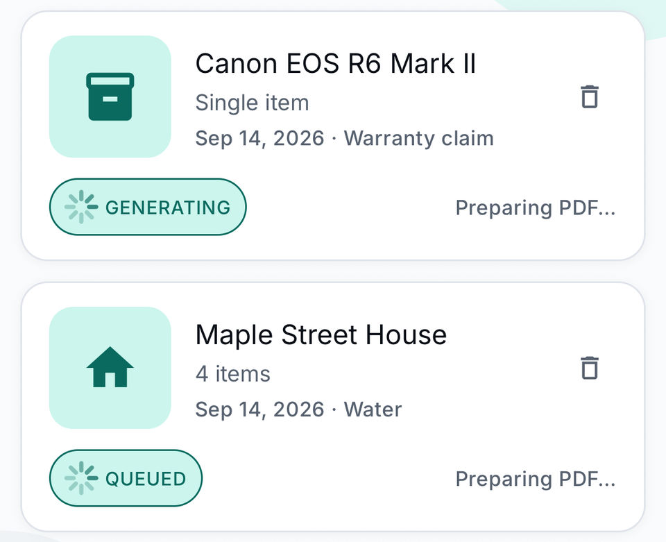 Sample data: two claim kits being prepared in the app.