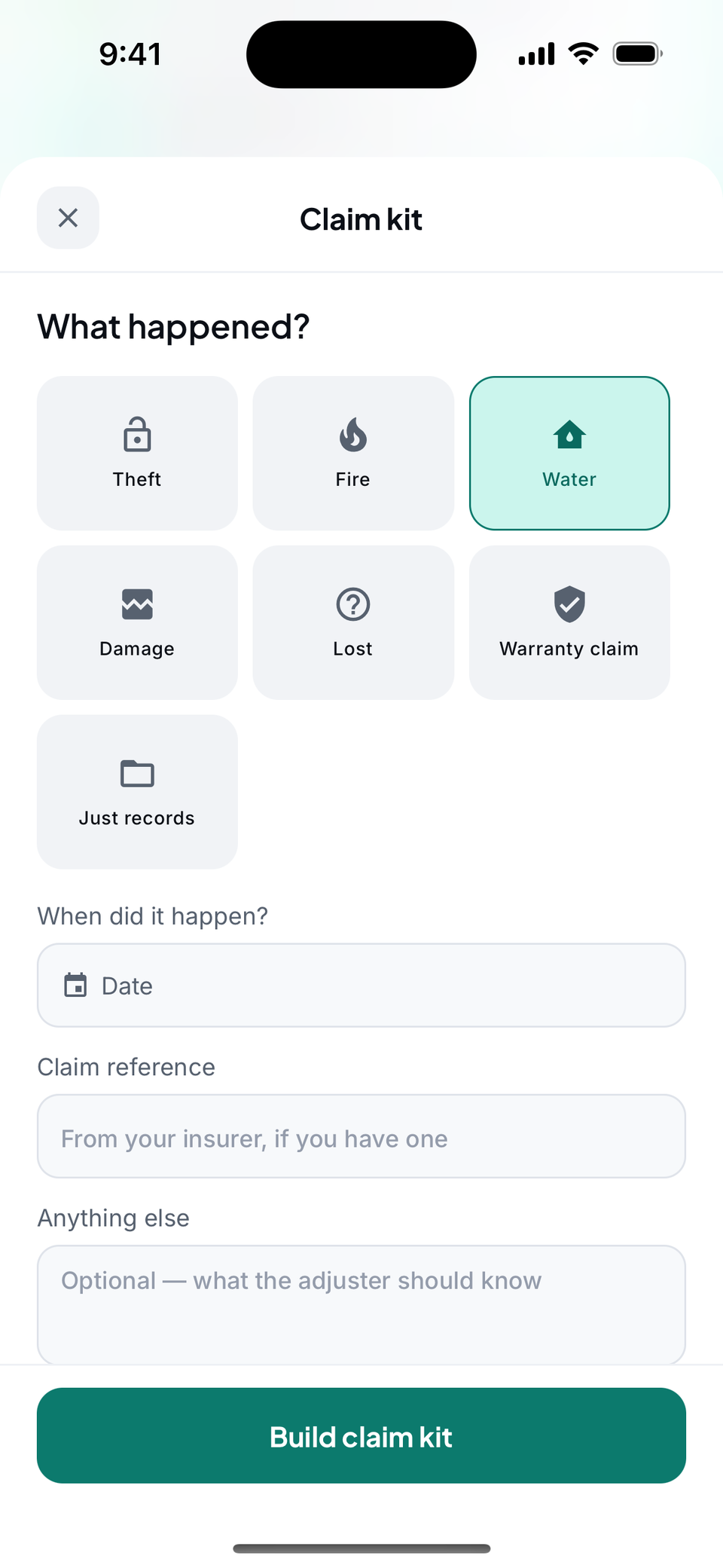 The app's claim kit screen asking what happened, sample data.