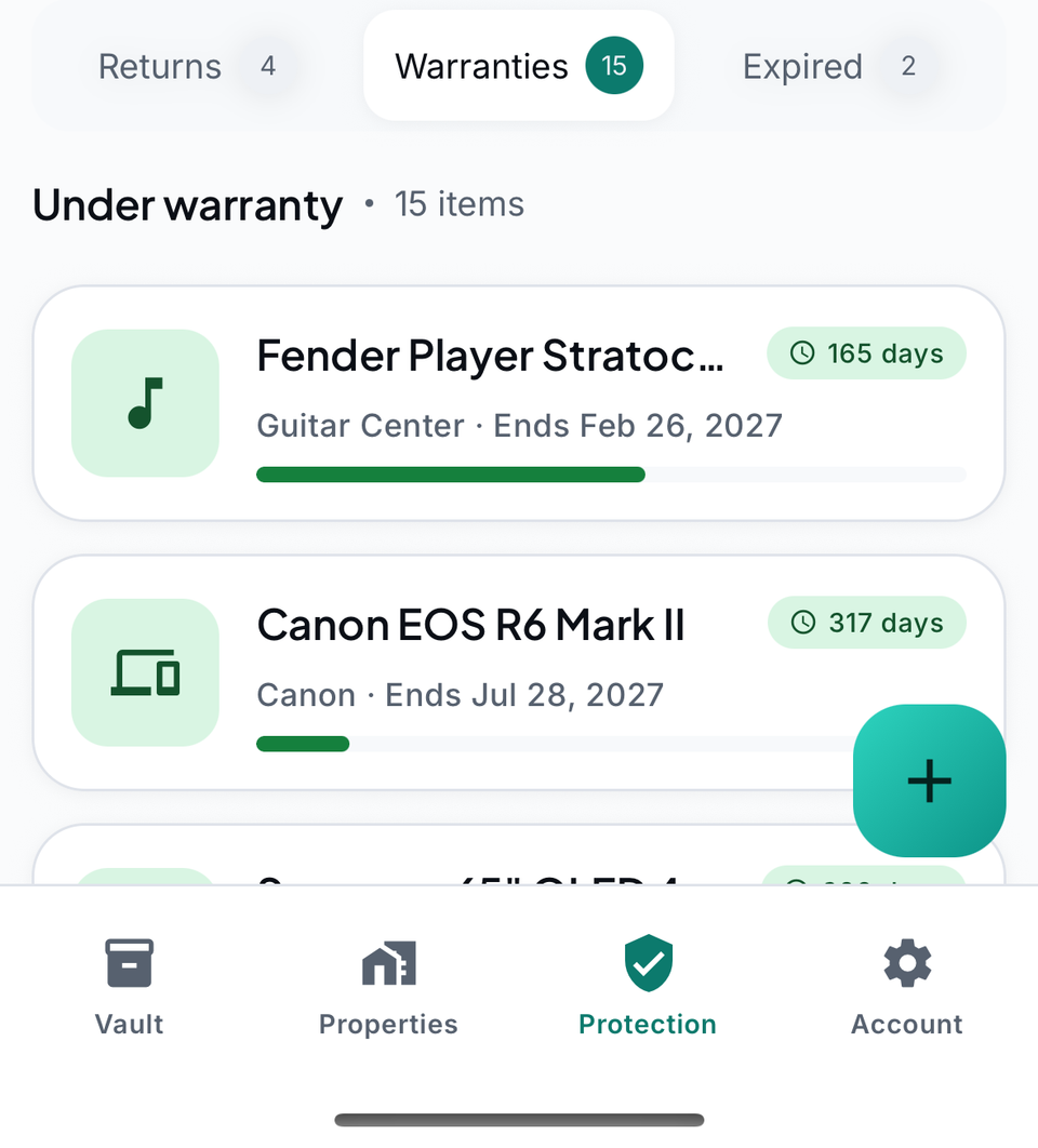 The app's warranties list, sample data.