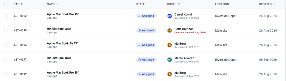 The asset list with tags and states, sample data.
