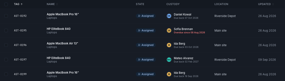 The asset list with tags, states and holders, sample data.