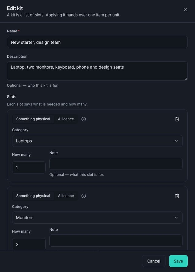 The kit editor with its Category slots and licence seats, sample data.