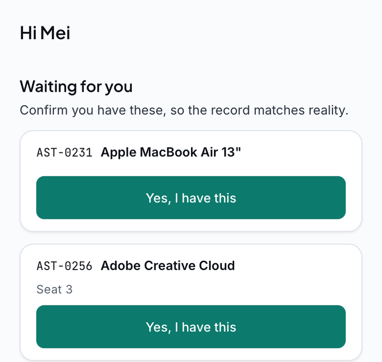 The Request Link page asking for confirmation, sample data.